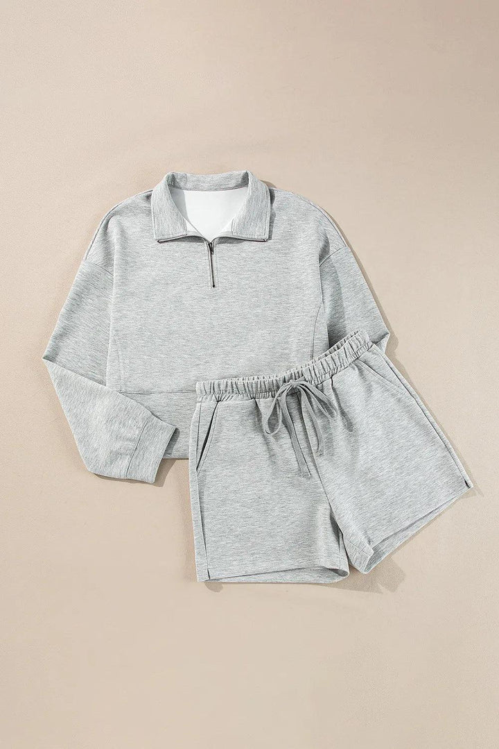 Half Zip Long Sleeve Top and Drawstring Shorts Set - JOWLILI
