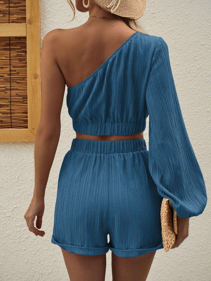 Honey One Shoulder Long Sleeve Top and Shorts Set - JOWLILI -  -  - Honey One Shoulder Long Sleeve Top and Shorts Set - JOWLILI - - #tag1#