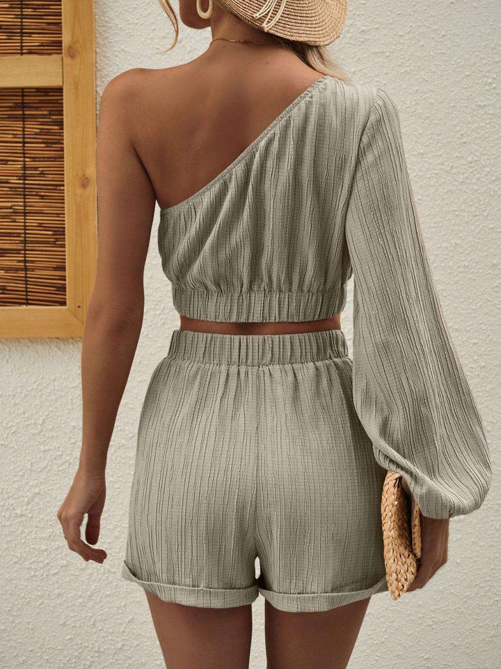 Honey One Shoulder Long Sleeve Top and Shorts Set - JOWLILI -  -  - Honey One Shoulder Long Sleeve Top and Shorts Set - JOWLILI - - #tag1#