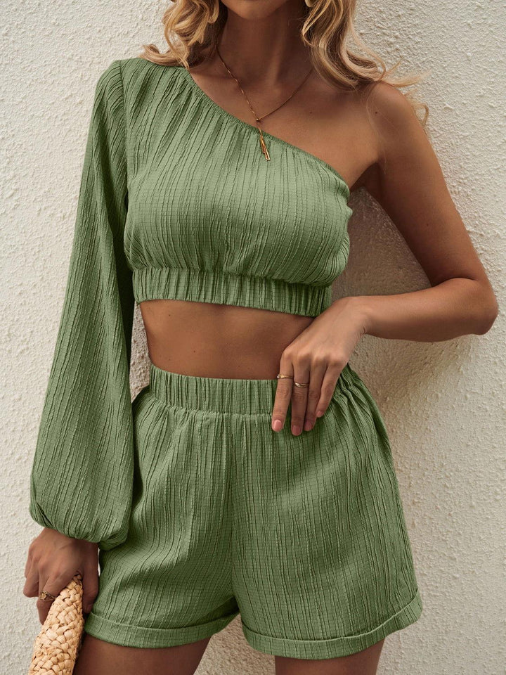Honey One Shoulder Long Sleeve Top and Shorts Set - JOWLILI -  -  - Honey One Shoulder Long Sleeve Top and Shorts Set - JOWLILI - - #tag1#