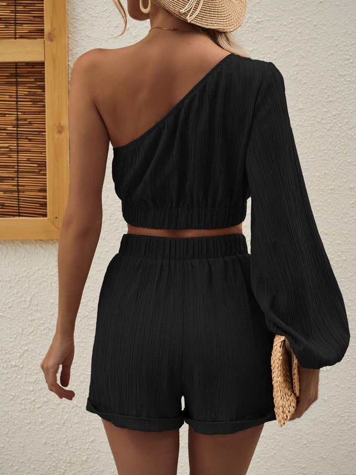 Honey One Shoulder Long Sleeve Top and Shorts Set - JOWLILI -  -  - Honey One Shoulder Long Sleeve Top and Shorts Set - JOWLILI - - #tag1#