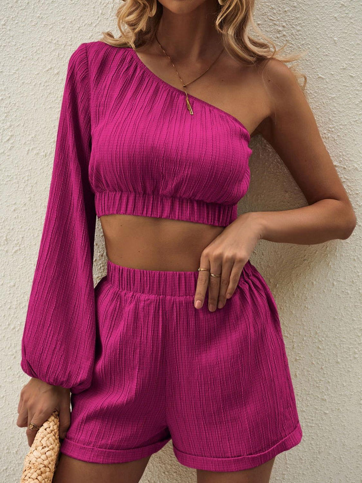 Honey One Shoulder Long Sleeve Top and Shorts Set - JOWLILI -  -  - Honey One Shoulder Long Sleeve Top and Shorts Set - JOWLILI - - #tag1#