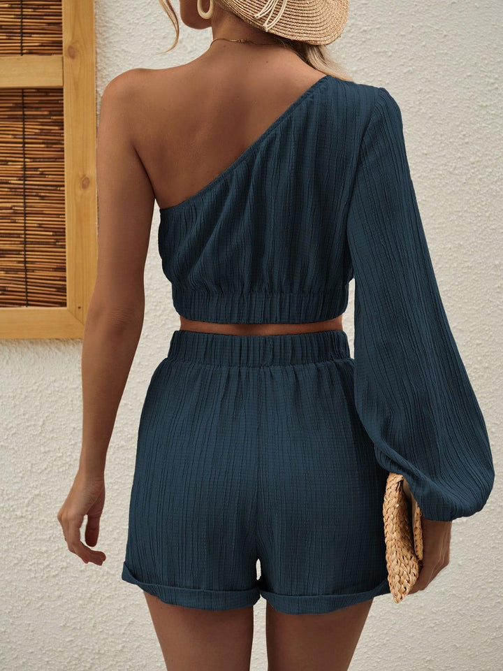 Honey One Shoulder Long Sleeve Top and Shorts Set - JOWLILI -  -  - Honey One Shoulder Long Sleeve Top and Shorts Set - JOWLILI - - #tag1#