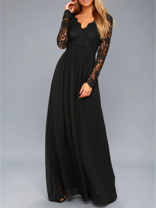 Lace Detail Backless Long Sleeve Maxi Dress - JOWLILI