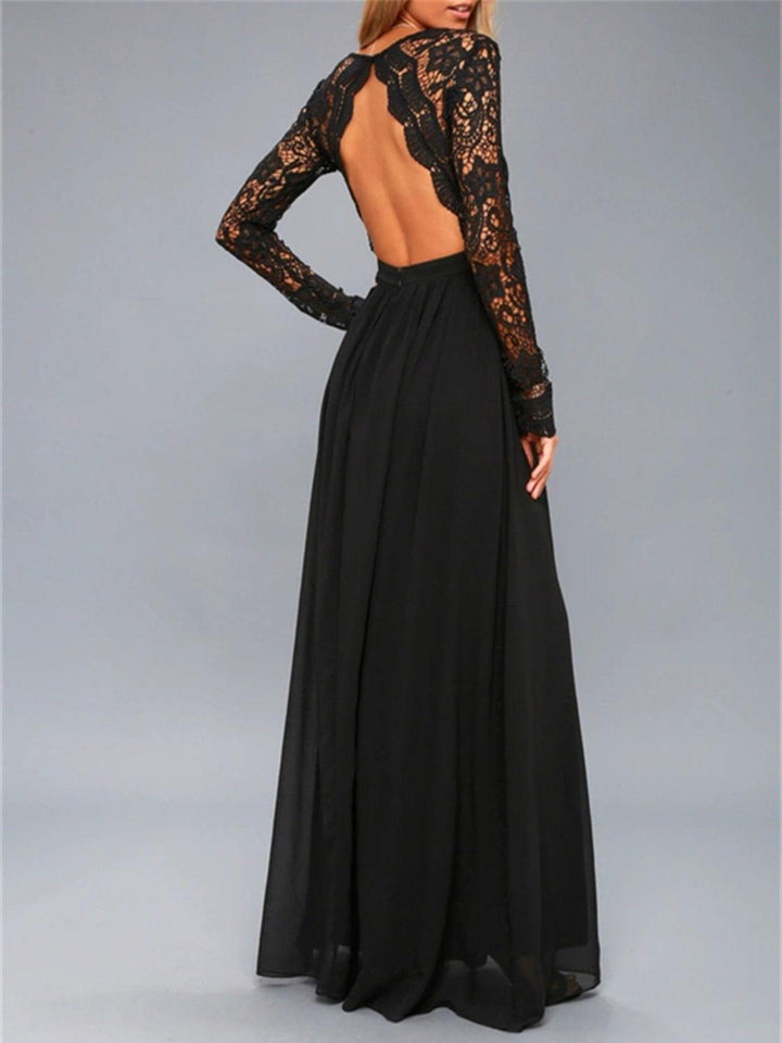 Lace Detail Backless Long Sleeve Maxi Dress - JOWLILI