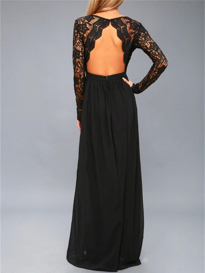 Lace Detail Backless Long Sleeve Maxi Dress - JOWLILI