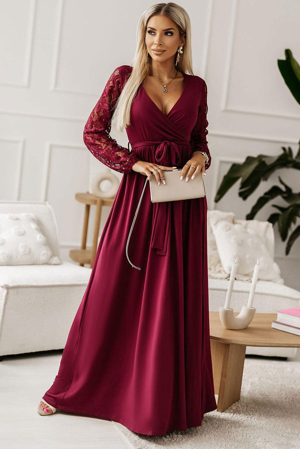Lace Detail Surplice Tie-Waist Maxi Dress - JOWLILI