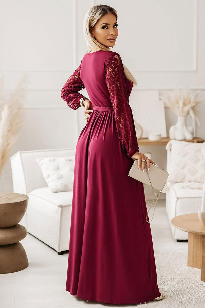 Lace Detail Surplice Tie-Waist Maxi Dress - JOWLILI