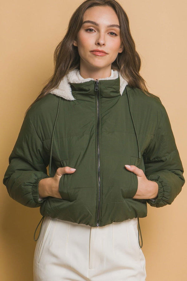 Love Tree Zip Up Cropped Hooded Sherpa Reversible Jacket - JOWLILI