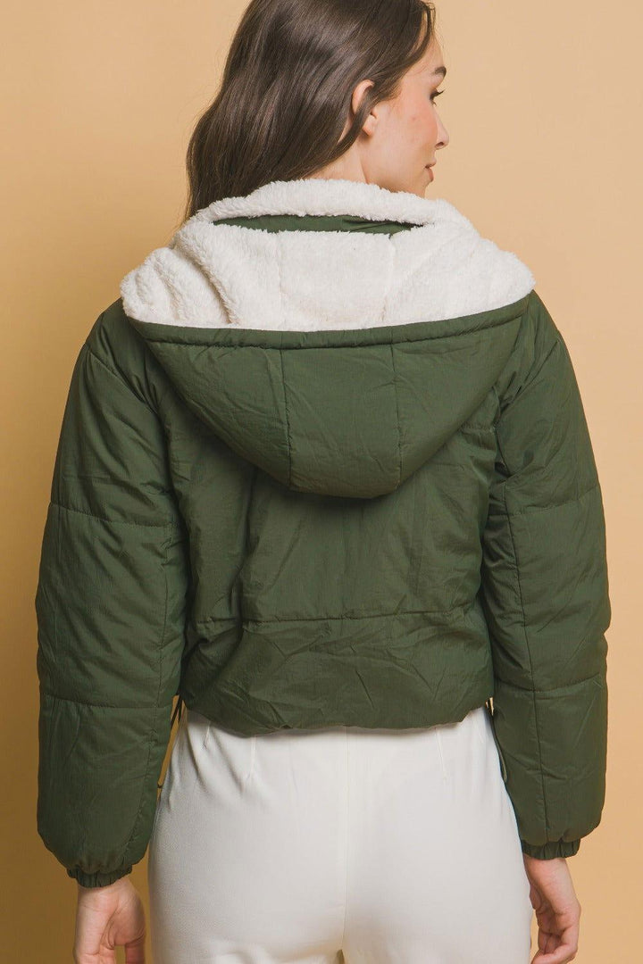 Love Tree Zip Up Cropped Hooded Sherpa Reversible Jacket - JOWLILI