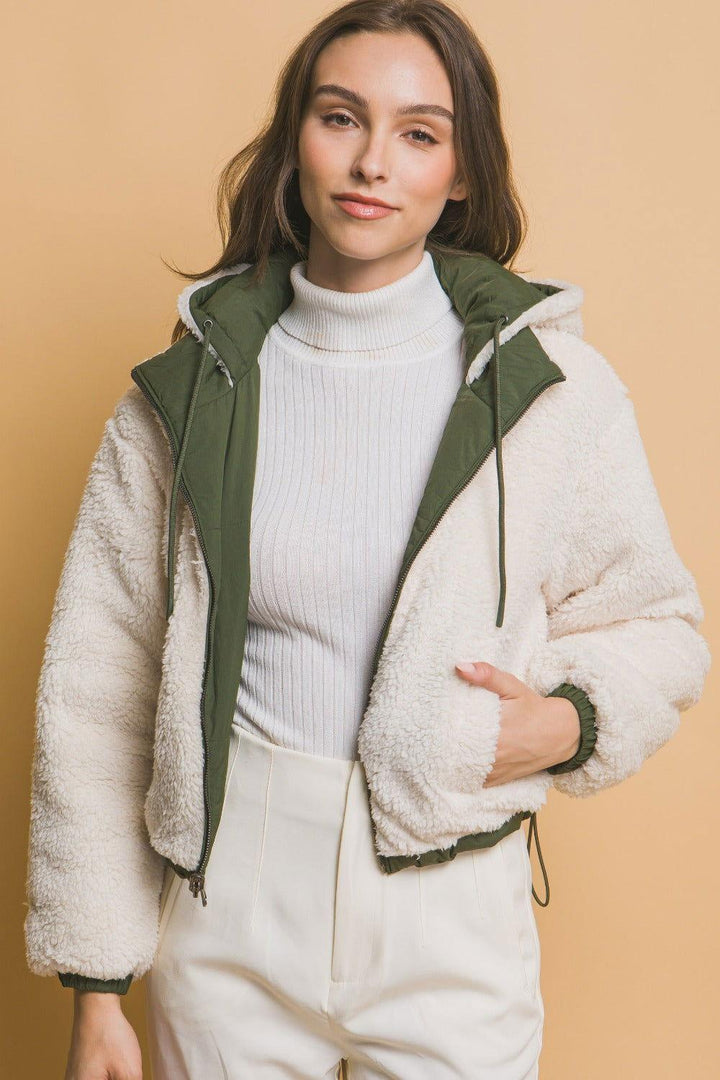 Love Tree Zip Up Cropped Hooded Sherpa Reversible Jacket - JOWLILI