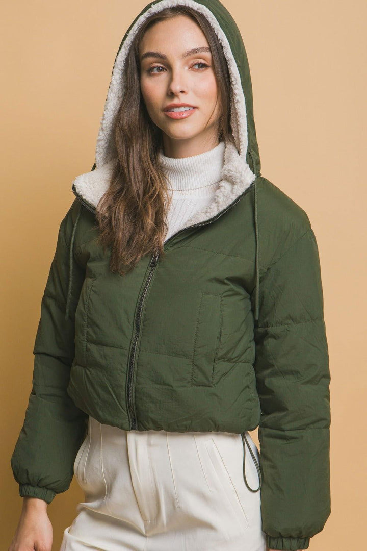 Love Tree Zip Up Cropped Hooded Sherpa Reversible Jacket - JOWLILI