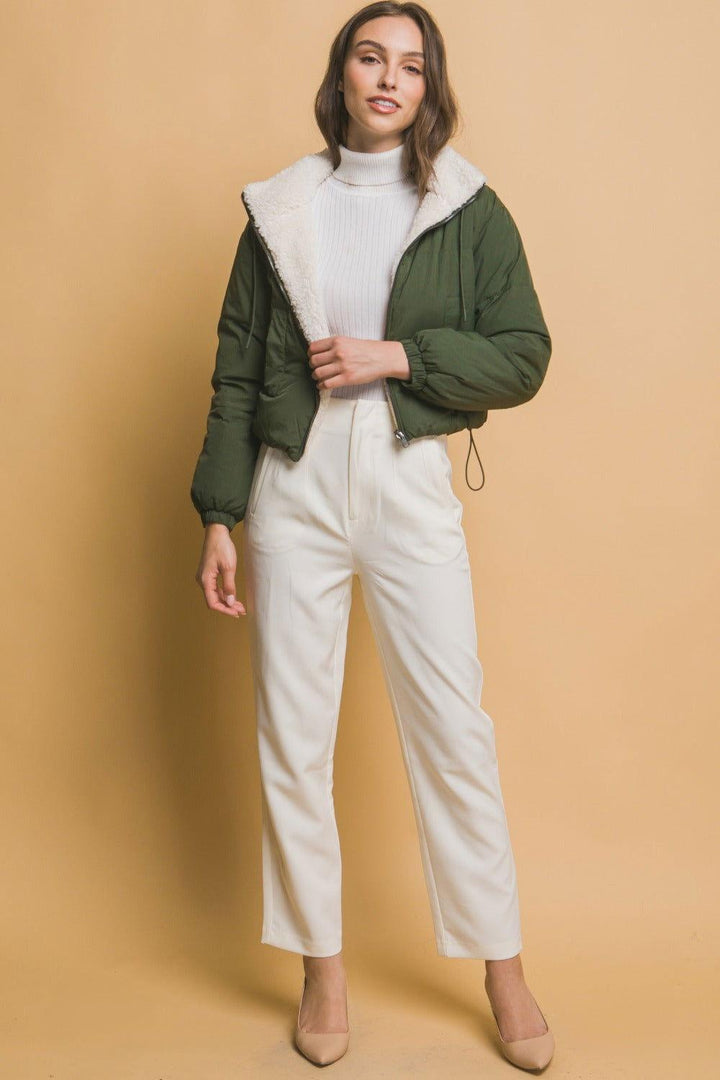 Love Tree Zip Up Cropped Hooded Sherpa Reversible Jacket - JOWLILI