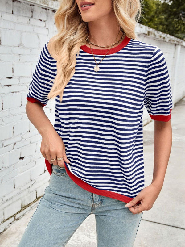 Lovelet Striped Contrast Round Neck Half Sleeve Knit Top - JOWLILI