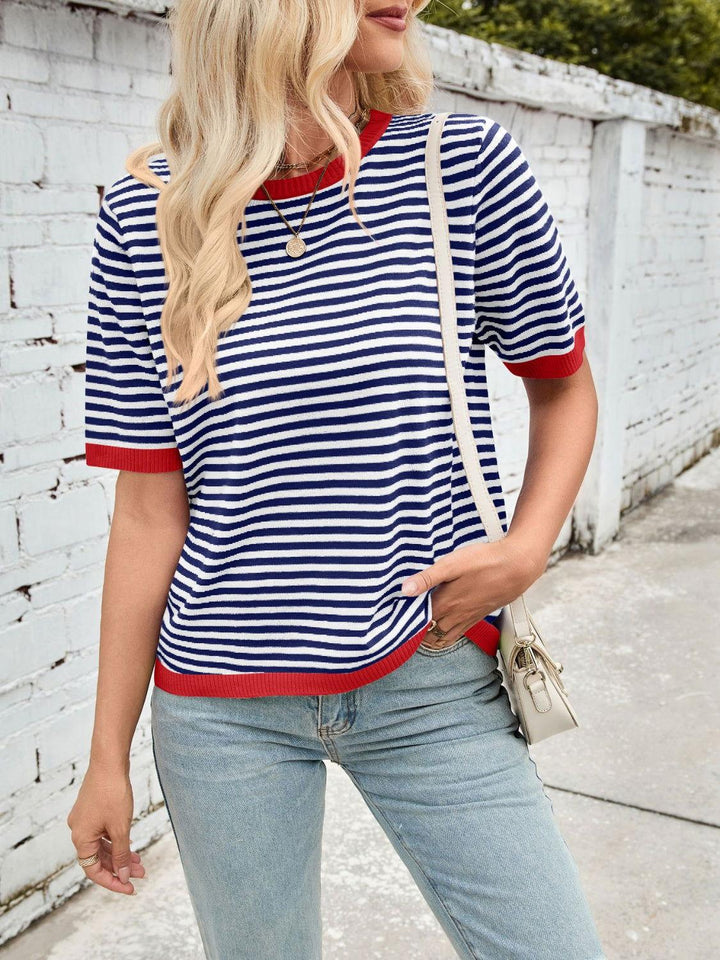 Lovelet Striped Contrast Round Neck Half Sleeve Knit Top - JOWLILI