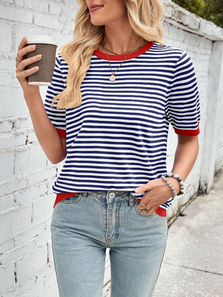 Lovelet Striped Contrast Round Neck Half Sleeve Knit Top - JOWLILI