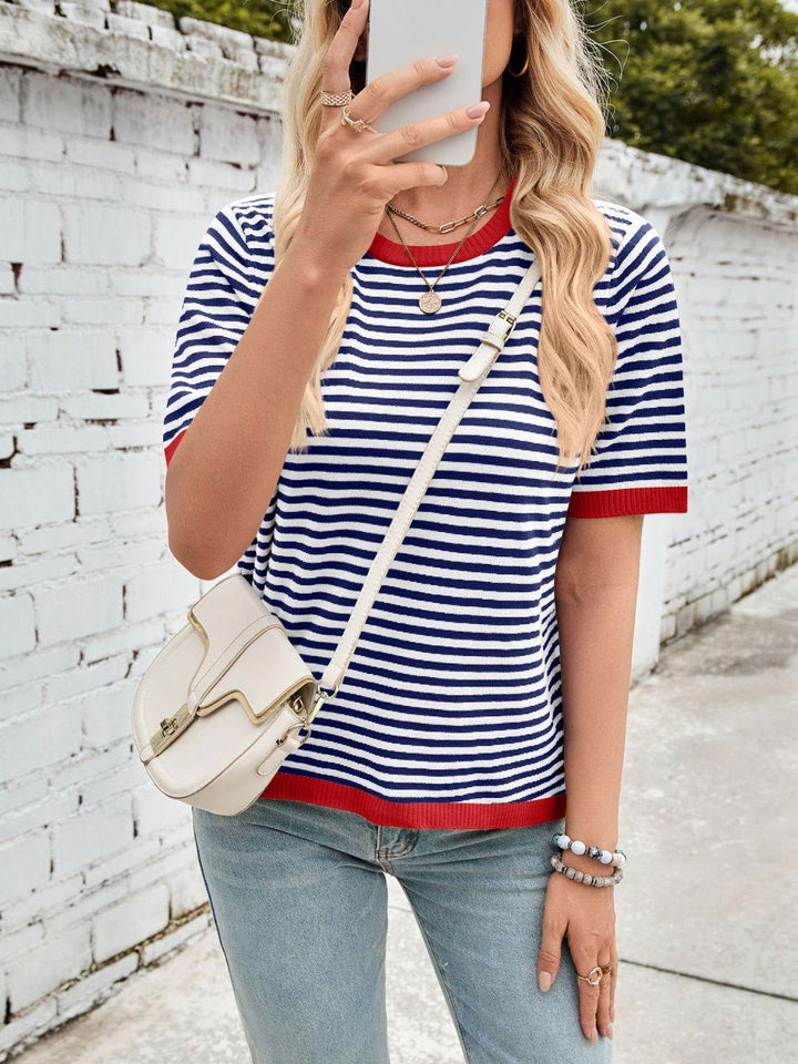 Lovelet Striped Contrast Round Neck Half Sleeve Knit Top - JOWLILI