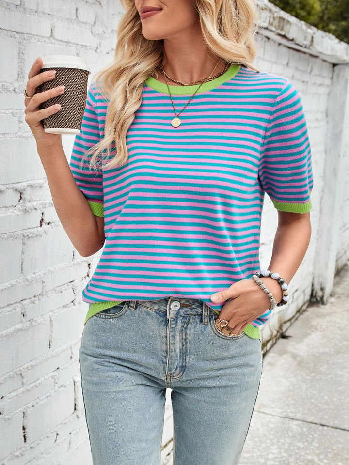 Lovelet Striped Contrast Round Neck Half Sleeve Knit Top - JOWLILI