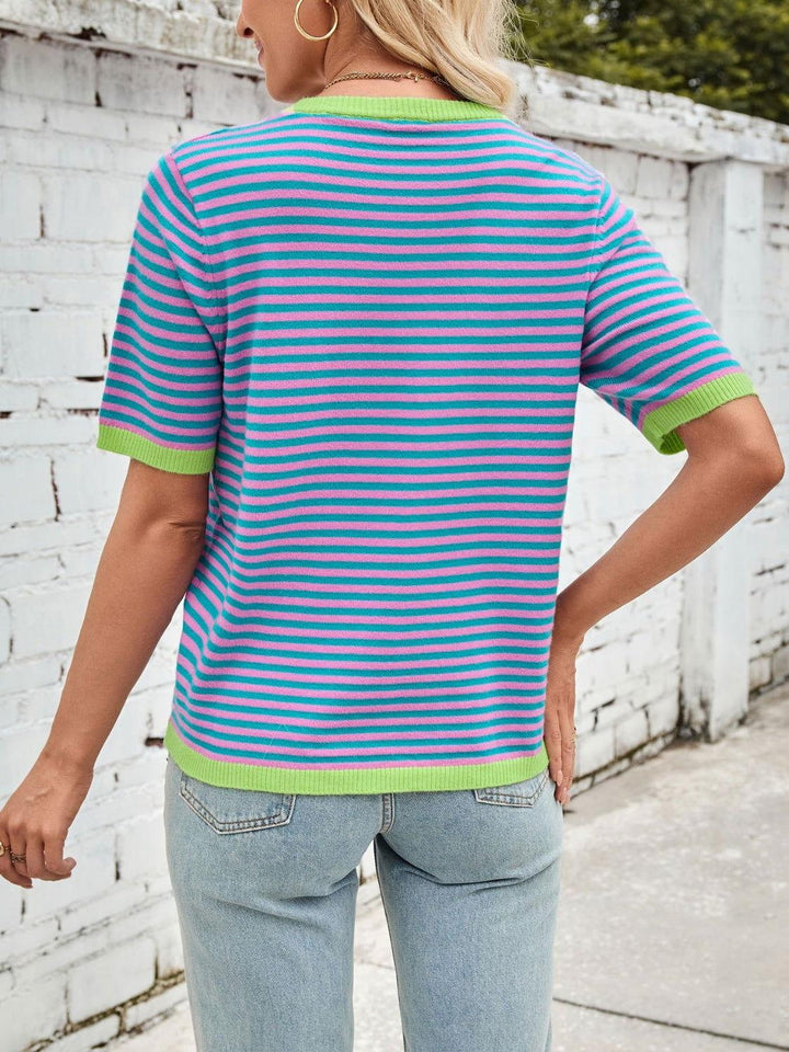 Lovelet Striped Contrast Round Neck Half Sleeve Knit Top - JOWLILI