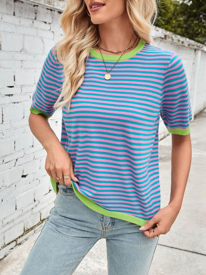Lovelet Striped Contrast Round Neck Half Sleeve Knit Top - JOWLILI