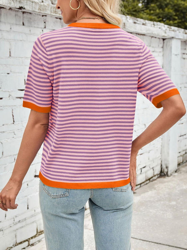 Lovelet Striped Contrast Round Neck Half Sleeve Knit Top - JOWLILI