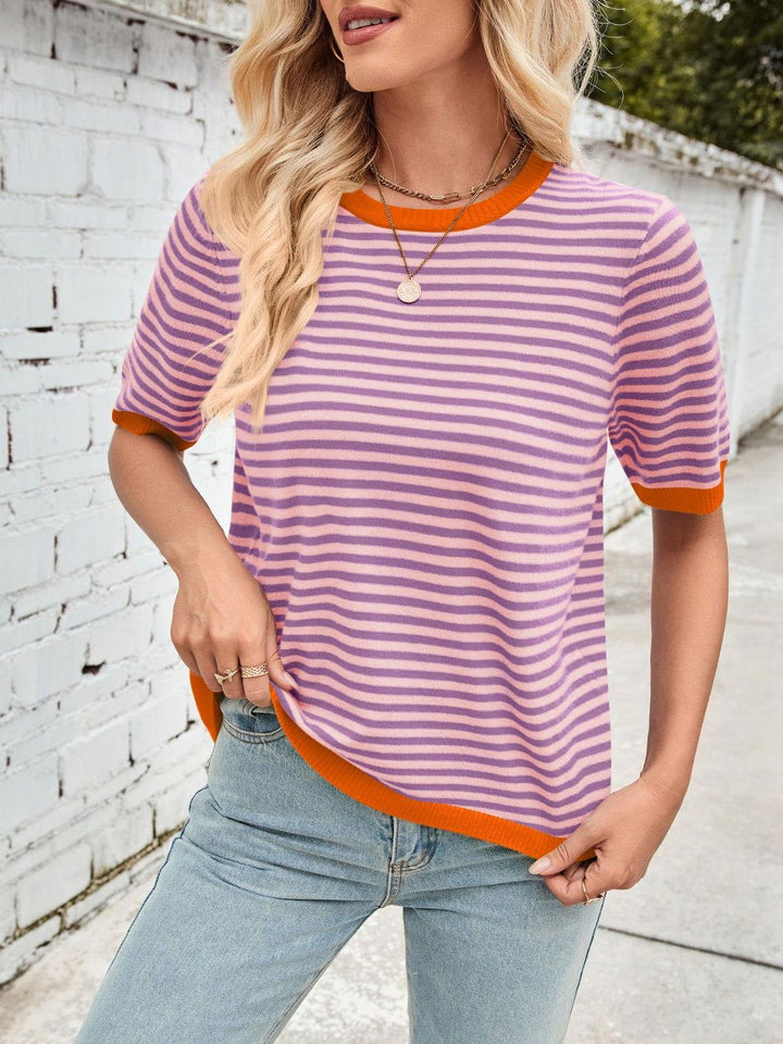 Lovelet Striped Contrast Round Neck Half Sleeve Knit Top - JOWLILI