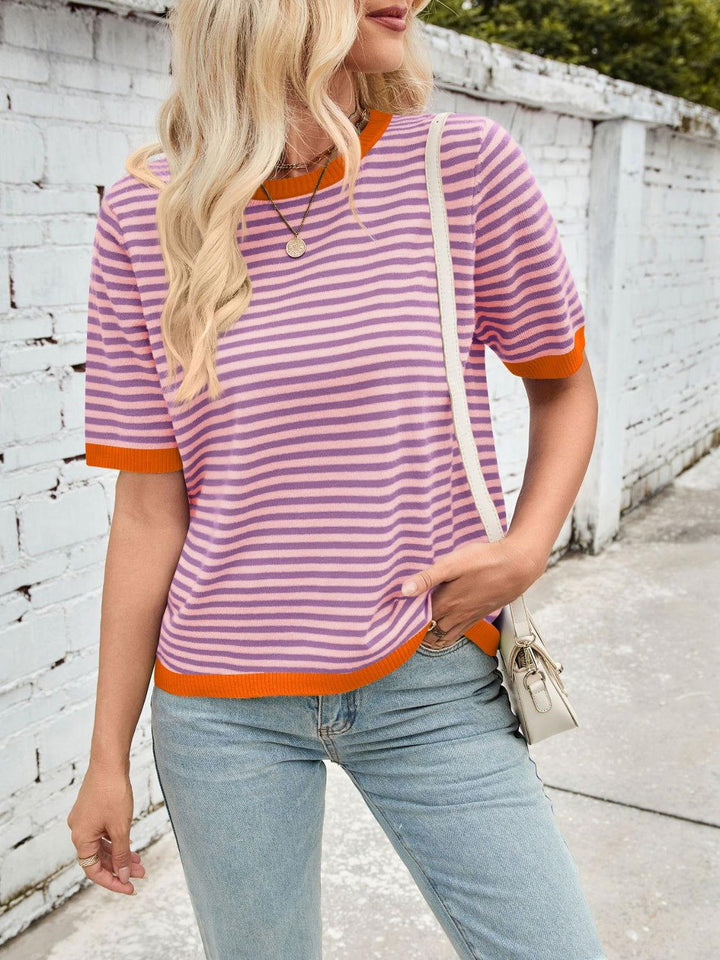 Lovelet Striped Contrast Round Neck Half Sleeve Knit Top - JOWLILI