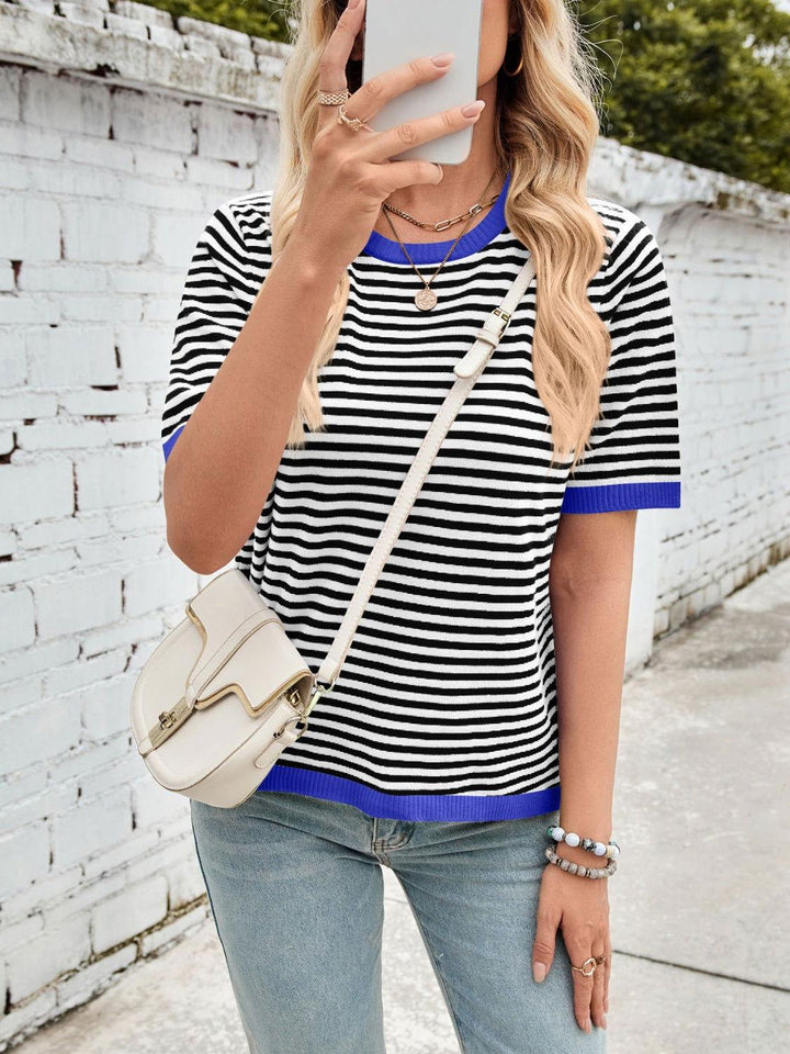 Lovelet Striped Contrast Round Neck Half Sleeve Knit Top - JOWLILI