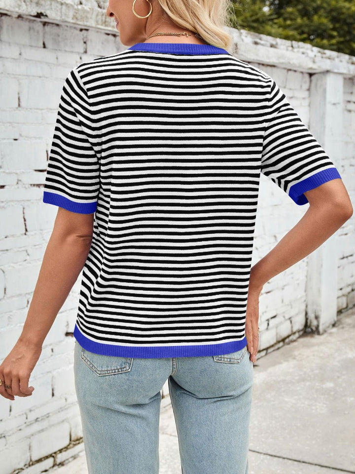 Lovelet Striped Contrast Round Neck Half Sleeve Knit Top - JOWLILI