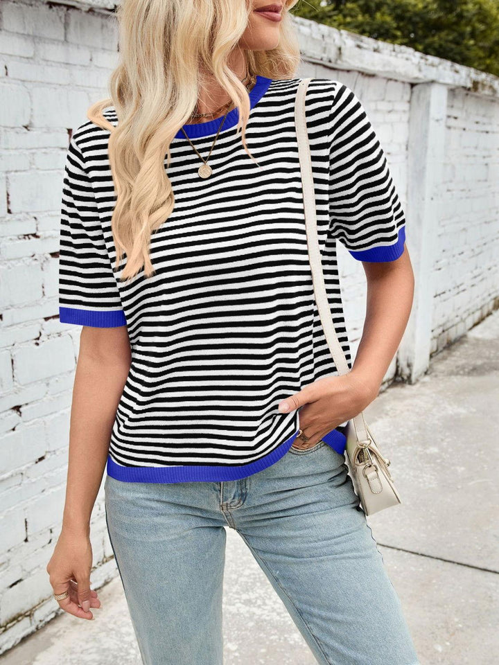 Lovelet Striped Contrast Round Neck Half Sleeve Knit Top - JOWLILI