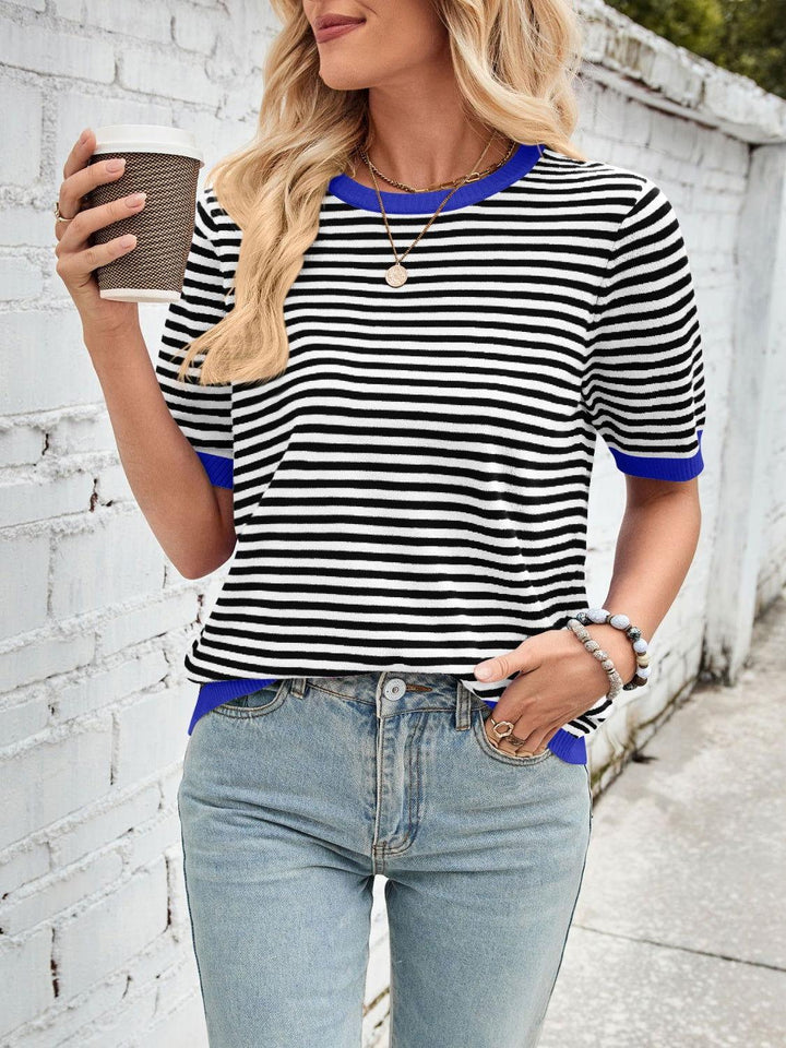 Lovelet Striped Contrast Round Neck Half Sleeve Knit Top - JOWLILI