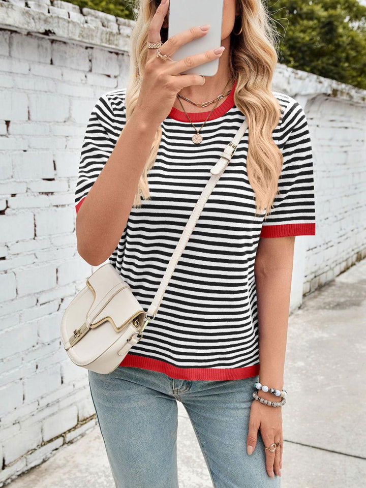 Lovelet Striped Contrast Round Neck Half Sleeve Knit Top - JOWLILI