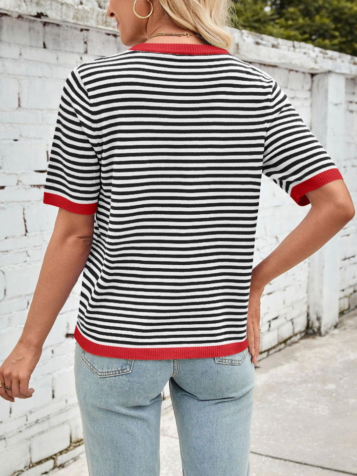 Lovelet Striped Contrast Round Neck Half Sleeve Knit Top - JOWLILI