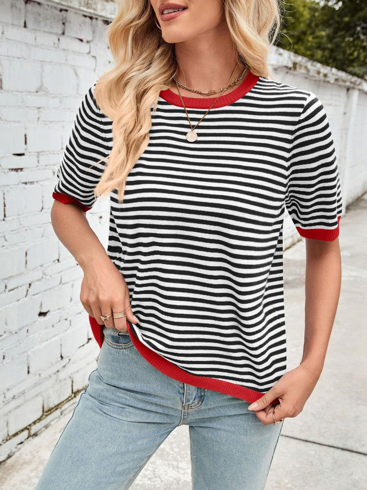 Lovelet Striped Contrast Round Neck Half Sleeve Knit Top - JOWLILI