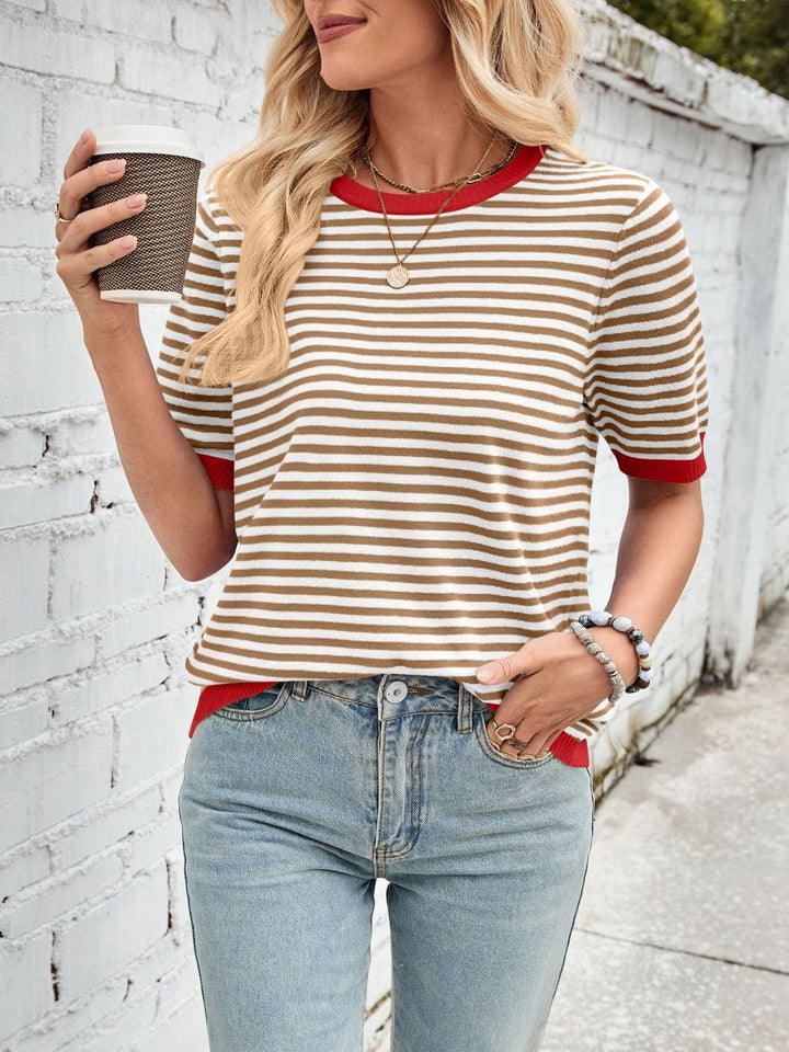 Lovelet Striped Contrast Round Neck Half Sleeve Knit Top - JOWLILI