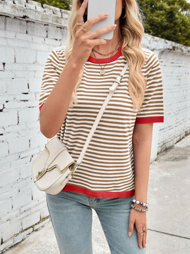 Lovelet Striped Contrast Round Neck Half Sleeve Knit Top - JOWLILI