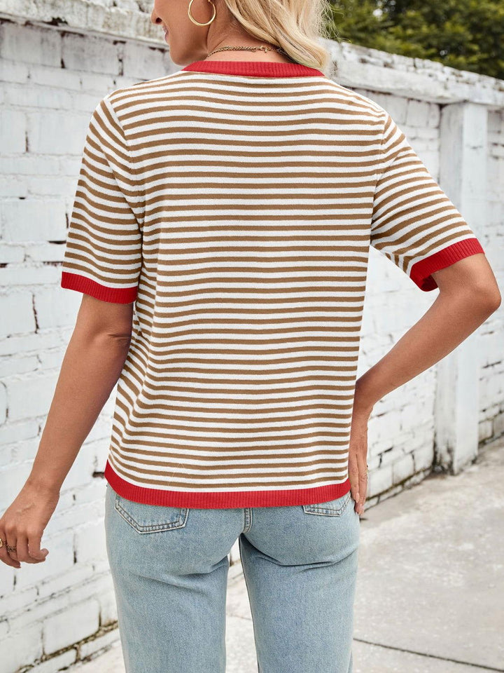 Lovelet Striped Contrast Round Neck Half Sleeve Knit Top - JOWLILI