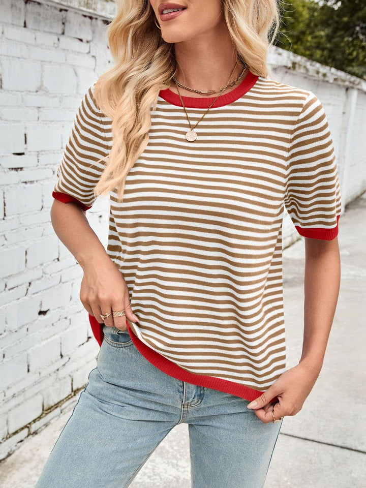 Lovelet Striped Contrast Round Neck Half Sleeve Knit Top - JOWLILI