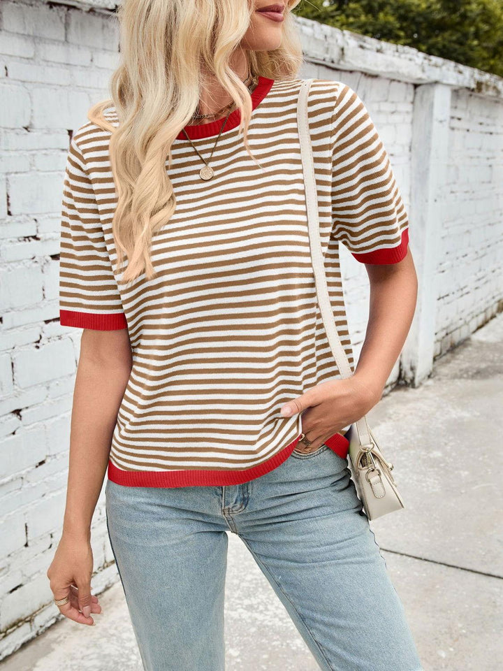 Lovelet Striped Contrast Round Neck Half Sleeve Knit Top - JOWLILI