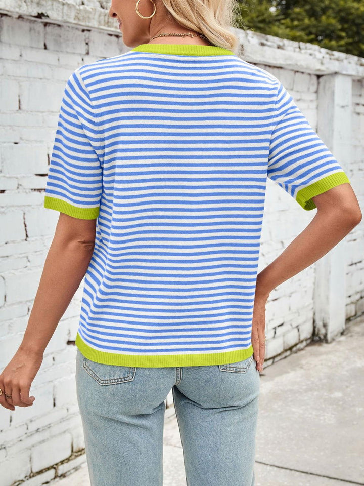 Lovelet Striped Contrast Round Neck Half Sleeve Knit Top - JOWLILI