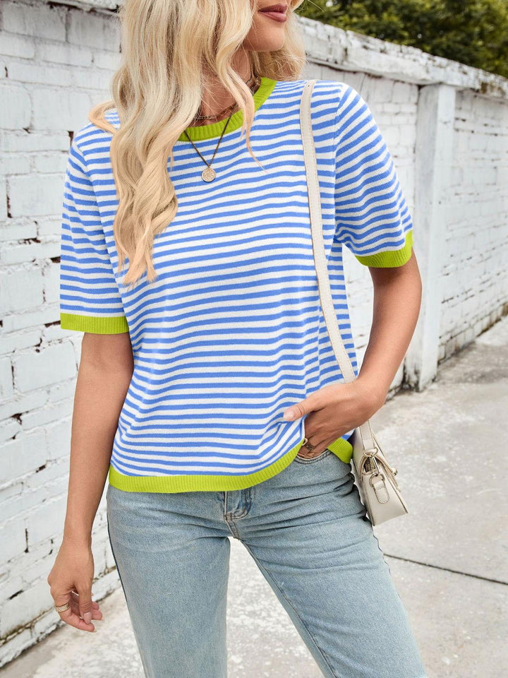 Lovelet Striped Contrast Round Neck Half Sleeve Knit Top - JOWLILI