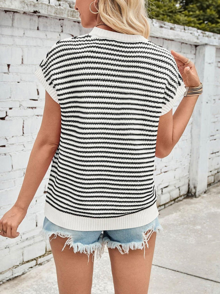 Lovelet Striped Round Neck Cap Sleeve Sweater - JOWLILI