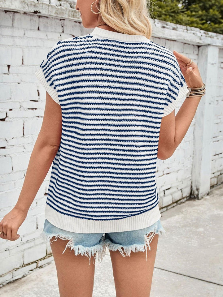 Lovelet Striped Round Neck Cap Sleeve Sweater - JOWLILI