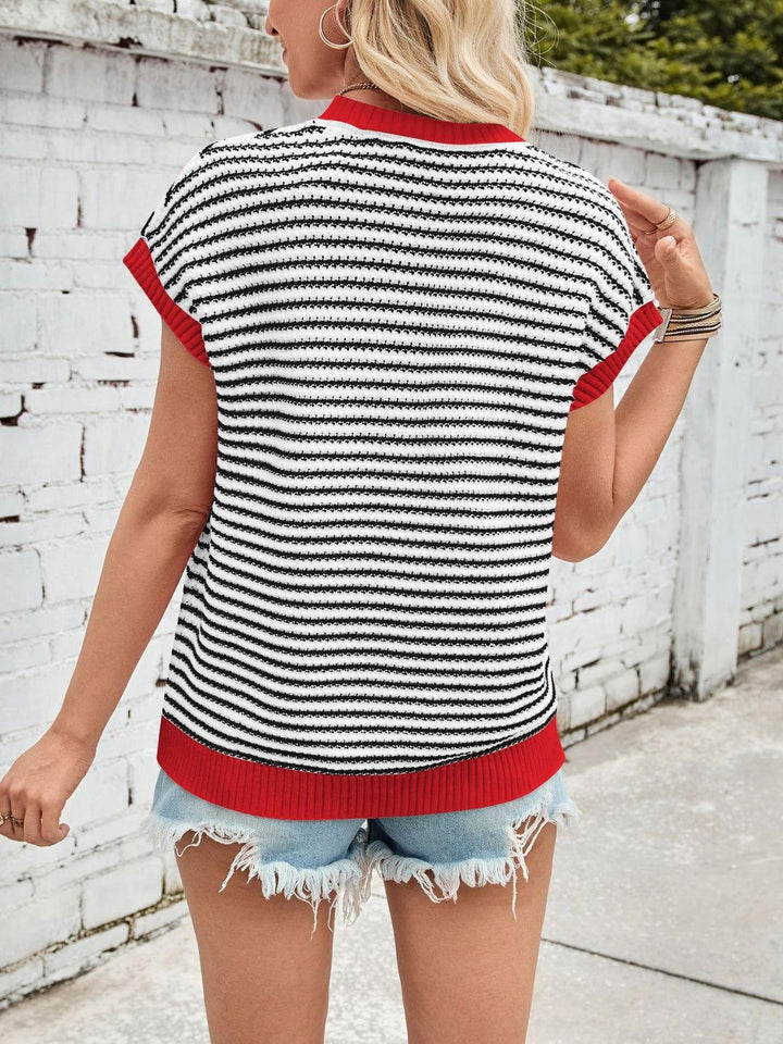 Lovelet Striped Round Neck Cap Sleeve Sweater - JOWLILI