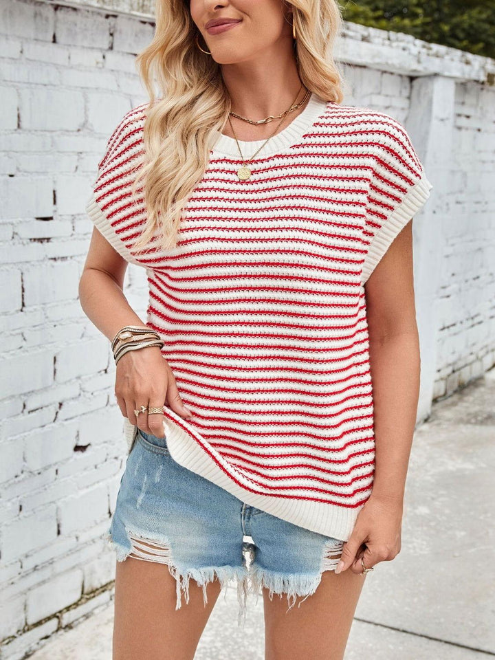 Lovelet Striped Round Neck Cap Sleeve Sweater - JOWLILI