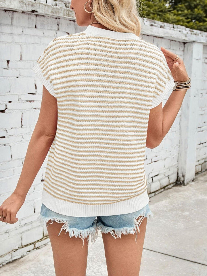 Lovelet Striped Round Neck Cap Sleeve Sweater - JOWLILI