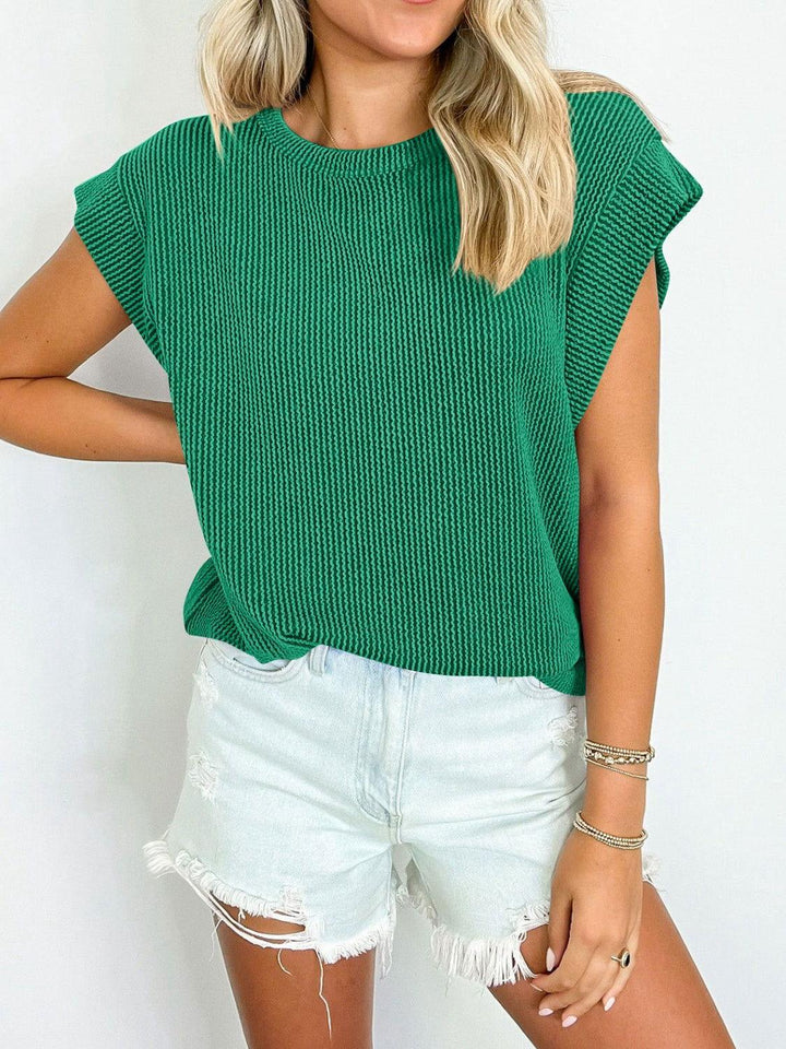 Lovelet Textured Round Neck Cap Sleeve Blouse - JOWLILI