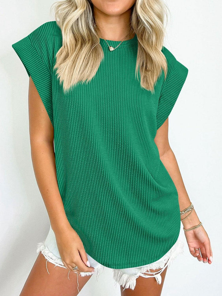 Lovelet Textured Round Neck Cap Sleeve Blouse - JOWLILI