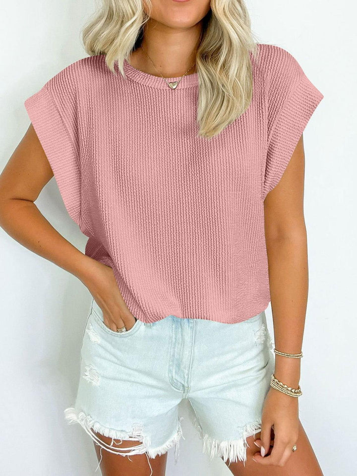 Lovelet Textured Round Neck Cap Sleeve Blouse - JOWLILI