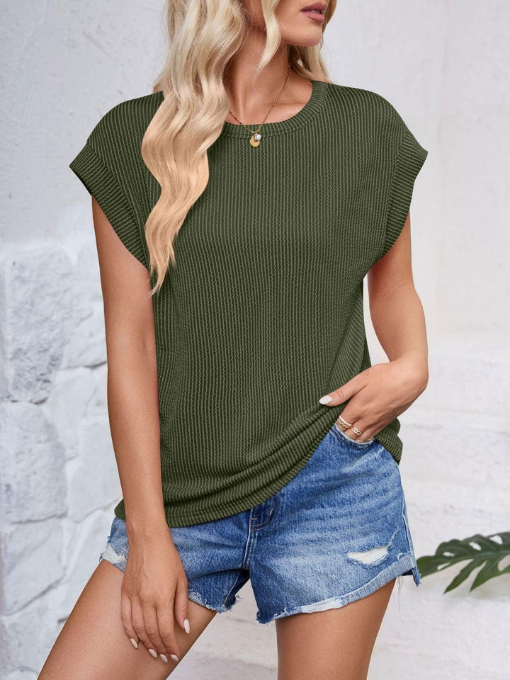 Lovelet Textured Round Neck Cap Sleeve Blouse - JOWLILI